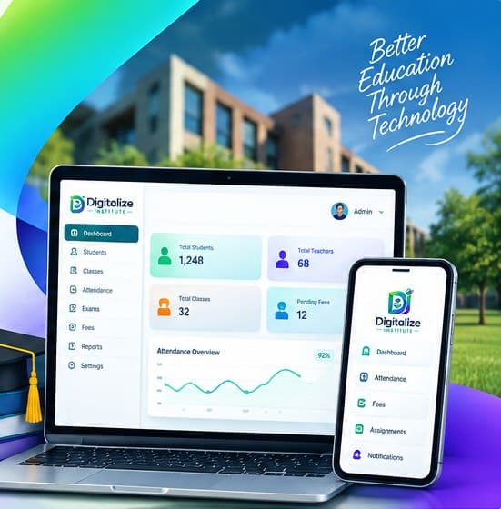 Digitalize Institute dashboard on a laptop and phone in front of a school building