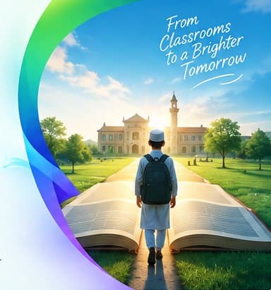 A student walking along an open book towards a school at sunrise